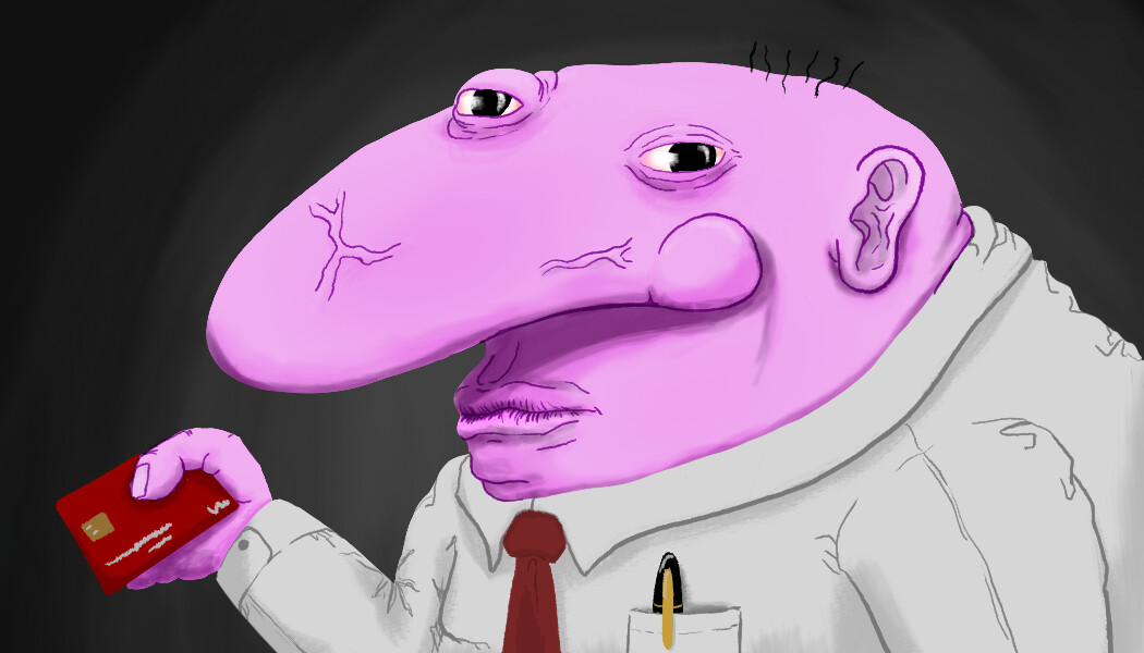Gremblo holding a red credit card, suspicious expression