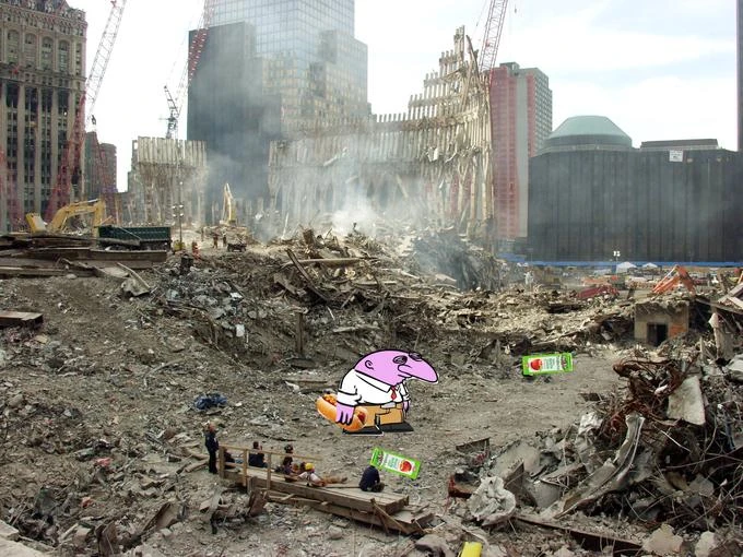 what might be gremblo at Ground Zero, handing out hot dogs and juice
